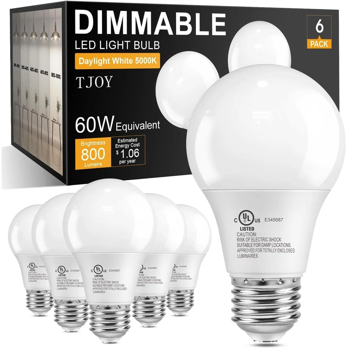 TJOY A19 Dimmable LED Light Bulb, 60W Equivalent, Daylight 5000K