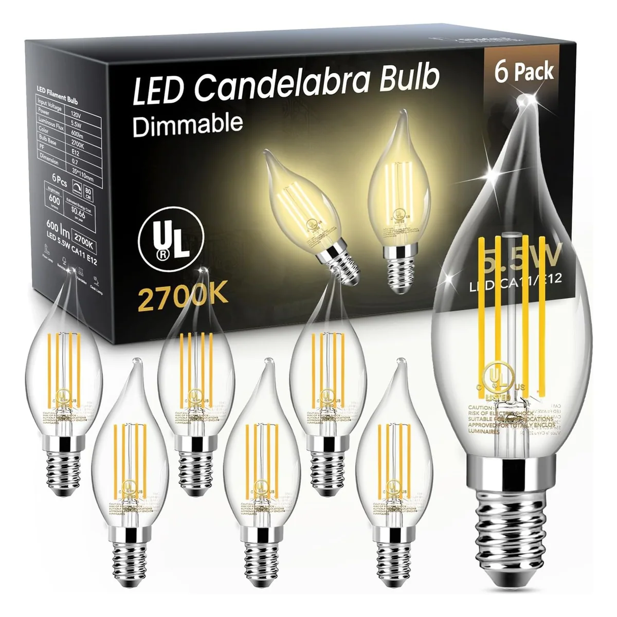 TJOY CA11 Flame-Tip Candelabra LED Bulb, 600 Lumens, Soft white 2700K