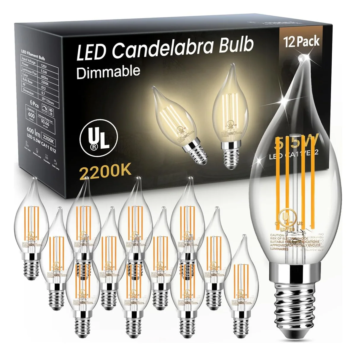 TJOY CA11 Flame-Tip Candelabra LED Bulb, 600 Lumens, Amber 2200K