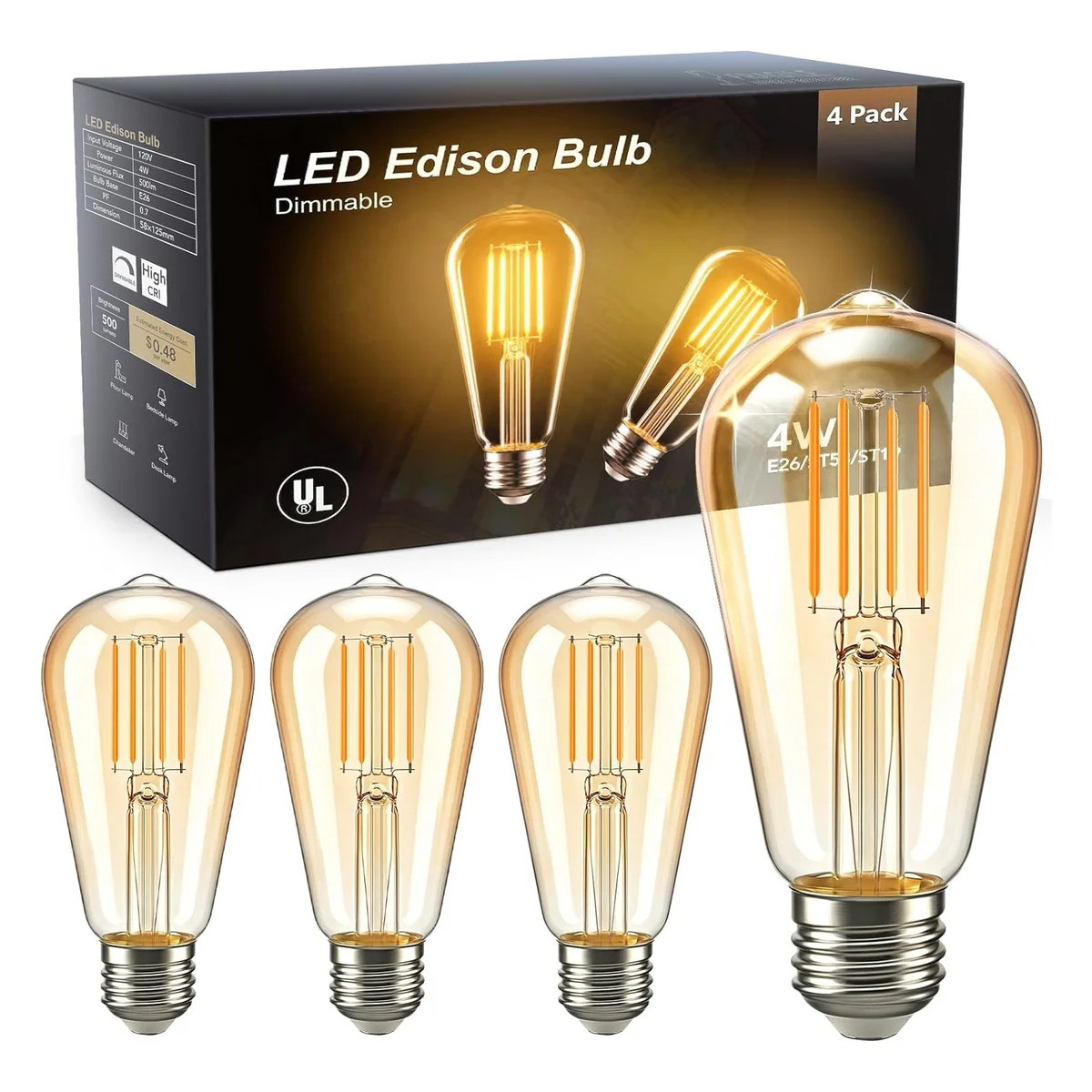 TJOY ST58 Vintage Edison LED Bulb, 40W Equivalent, Amber 2200K